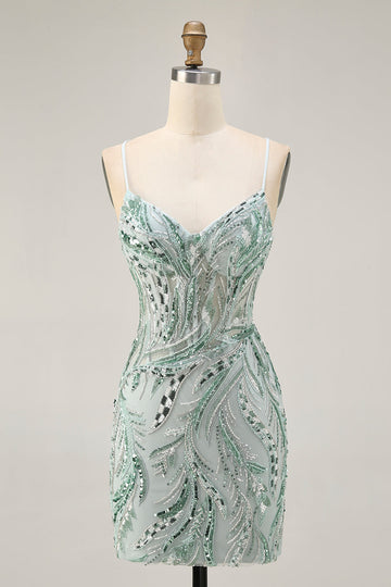 Green Beaded Bodycon Cocktail Dress with Lace Up Back